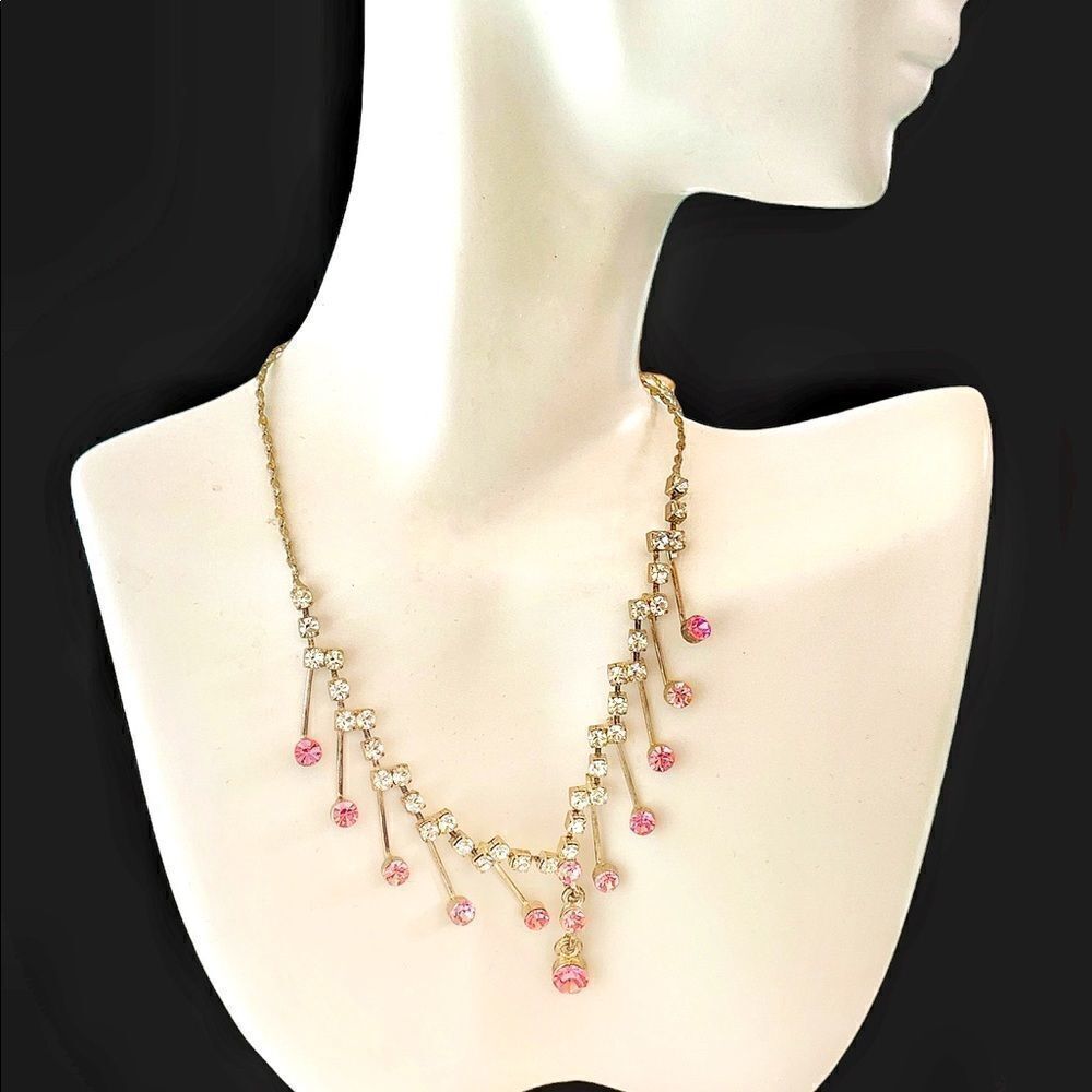 Vintage modernist faceted pink and clear crystal silver necklace